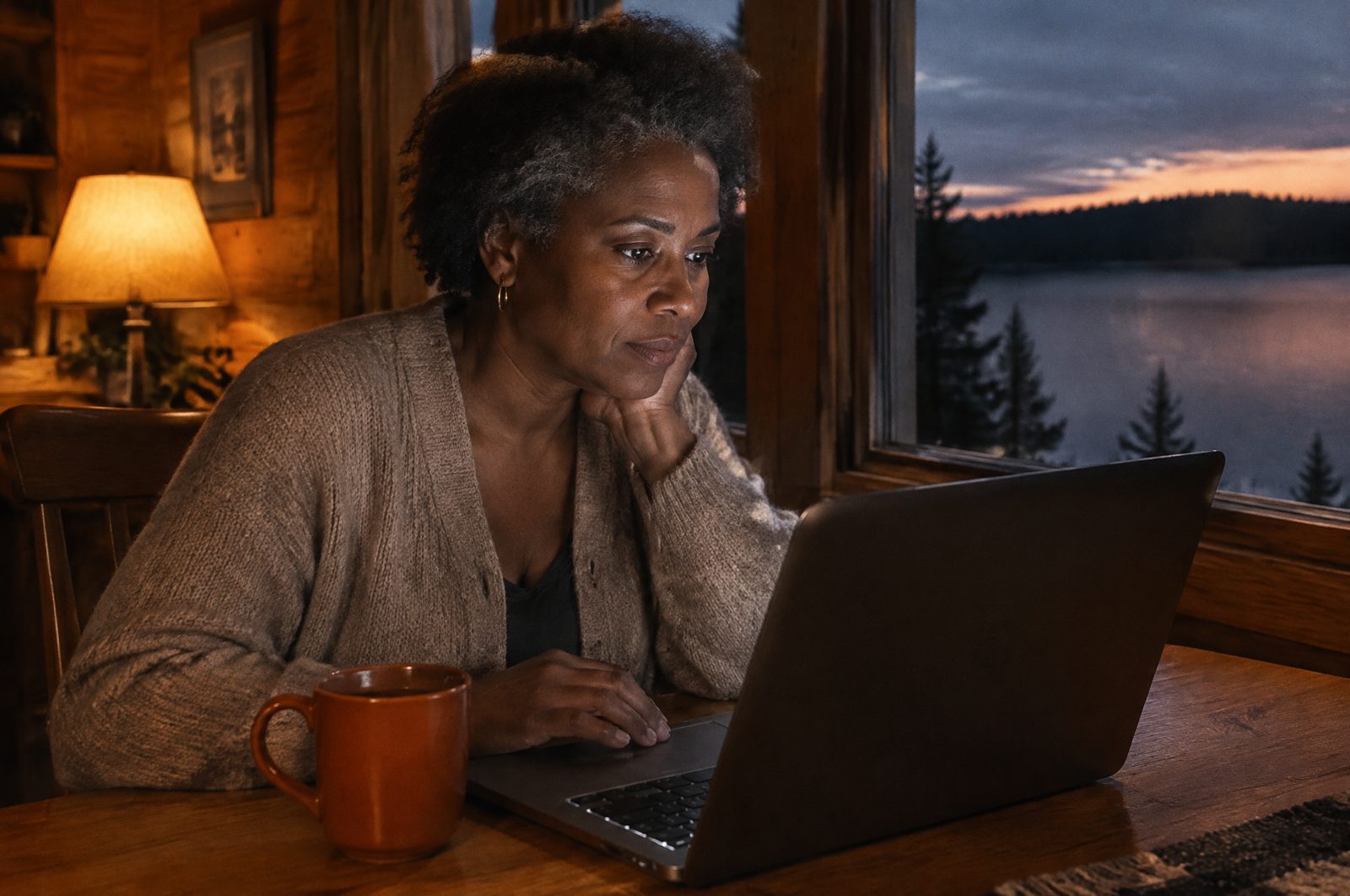 A Caribbean-Canadian woman at her cabin kitchen table with her laptop at dusk